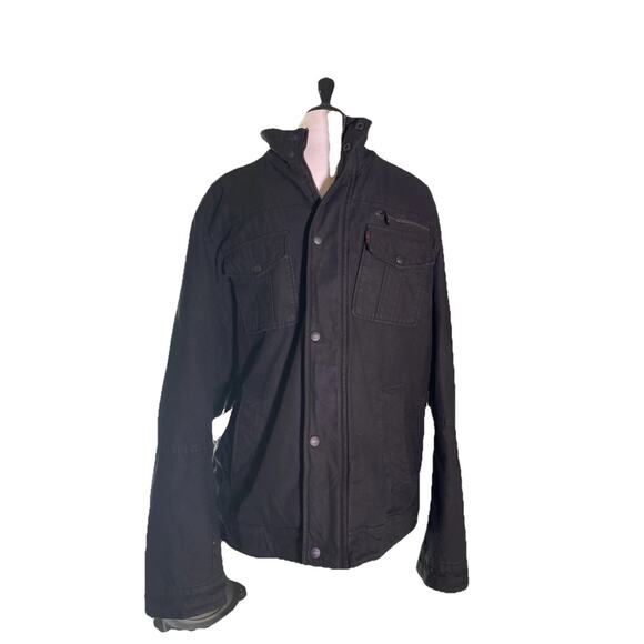 Levis Men's Trucker Jacket Black Denim Quilted Lining Button/Zip Large - Picture 1 of 3